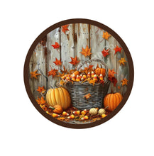 Load image into Gallery viewer, Primitive pumpkin and candy corn sign, rustic fall home decor, wreath attachment