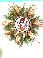 Load image into Gallery viewer, Thanksgiving wreath for front door, Hostess gift for Thanksgiving, Holiday door wreath with turkey, Get your fat pants ready wreath for home