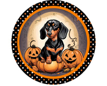 Load image into Gallery viewer, Dog Halloween Decoration, Dashchund Wreath Sign, Weiner Dog Decor, Halloween Dog Decoration