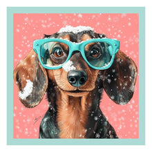 Load image into Gallery viewer, Dashchund dog Christmas sign, Metal wreath sign, doxie dog decor, weiner dog sign with glasses, Christmas dog decoration, Wreath attachment