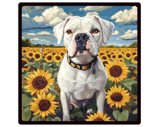 Load image into Gallery viewer, White boxer dog with sunflowers, sunflower home decor, boxer gift idea, gift for dog lover, summer dog sign for wreath