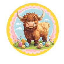 Load image into Gallery viewer, Cute Easter Highland Cow Sign, Highland Cow Pastel Decoration, Easter Home Decor, Farmhouse Spring Wreath Sign
