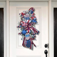 Load image into Gallery viewer, Patriotic Door Swag Wreath, 4th of July Wreath, Red White Blue Ribbon Wreath, Americana Summer Decor, Firecracker Front Door Swag