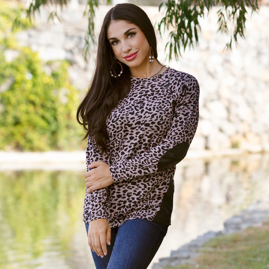 Leopard Top with Elbow Patches - Pink