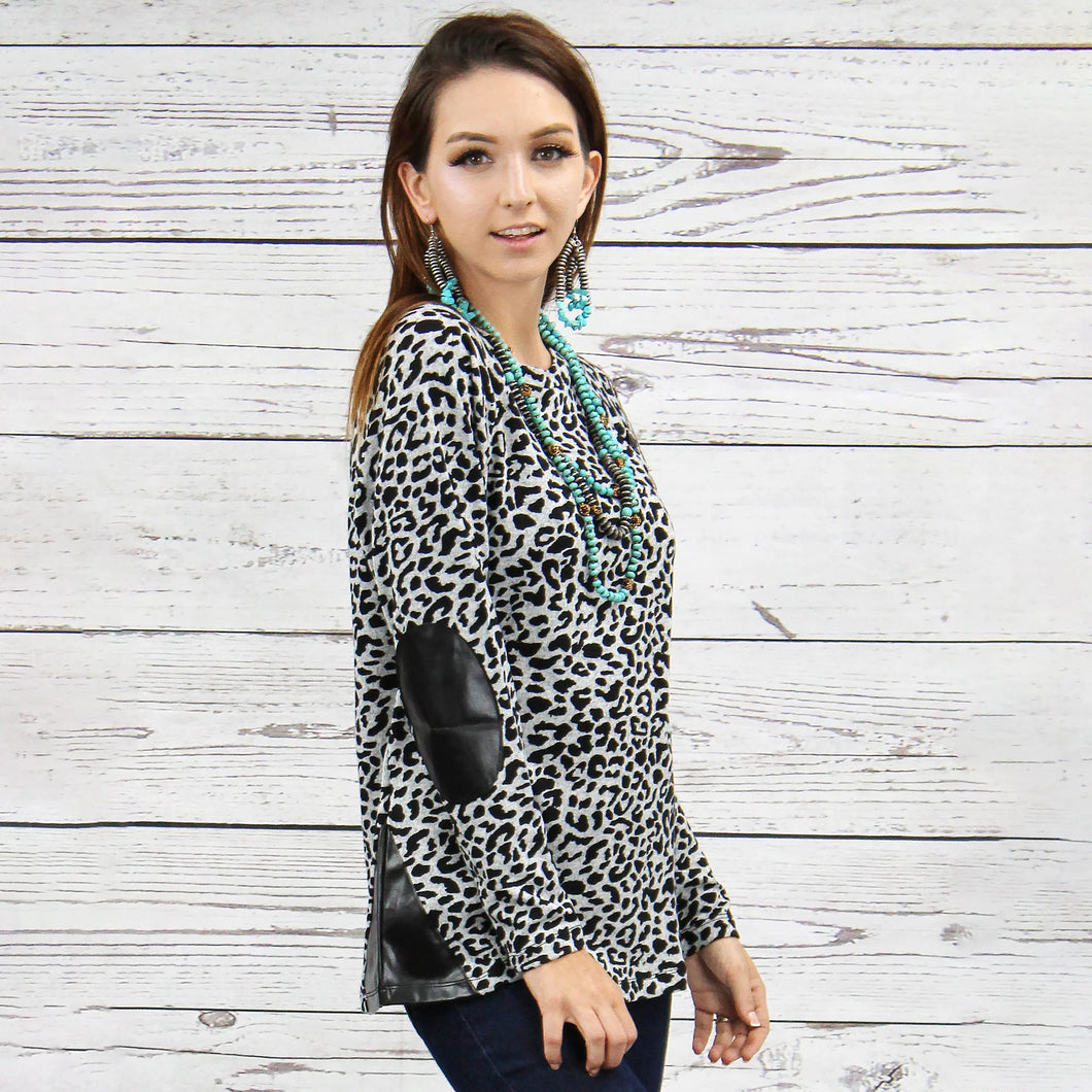 Leopard Top with Elbow Patches - Grey