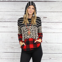 Load image into Gallery viewer, Buffalo Plaid and Stripes Hoodie with Pockets - Black
