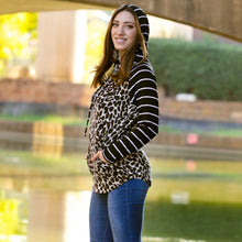 Load image into Gallery viewer, Striped Hoodie with Buffalo Plaid Print Top - Leopard
