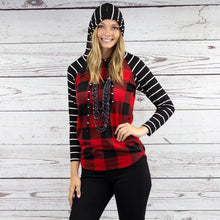 Load image into Gallery viewer, Striped Hoodie with Buffalo Plaid Print Top - Buffalo Plaid
