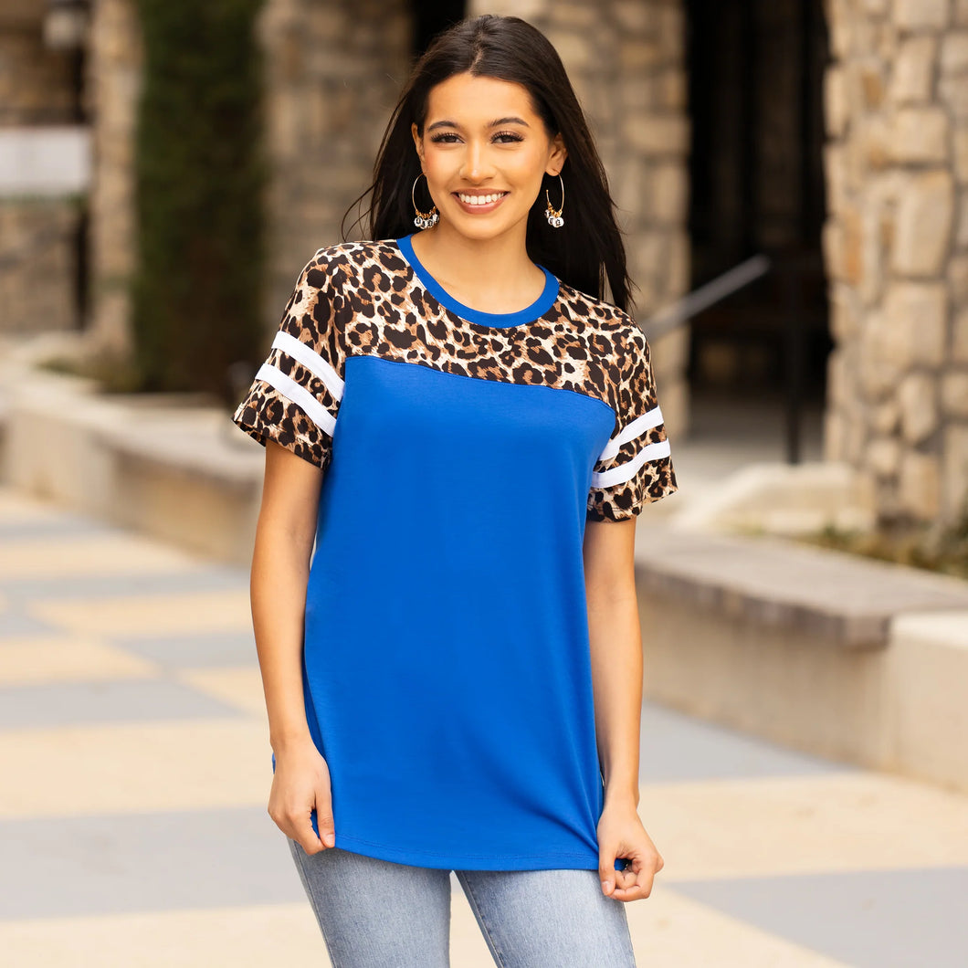 10545 - Half Sleeve Leopard Top with Stripes - Royal Blue
