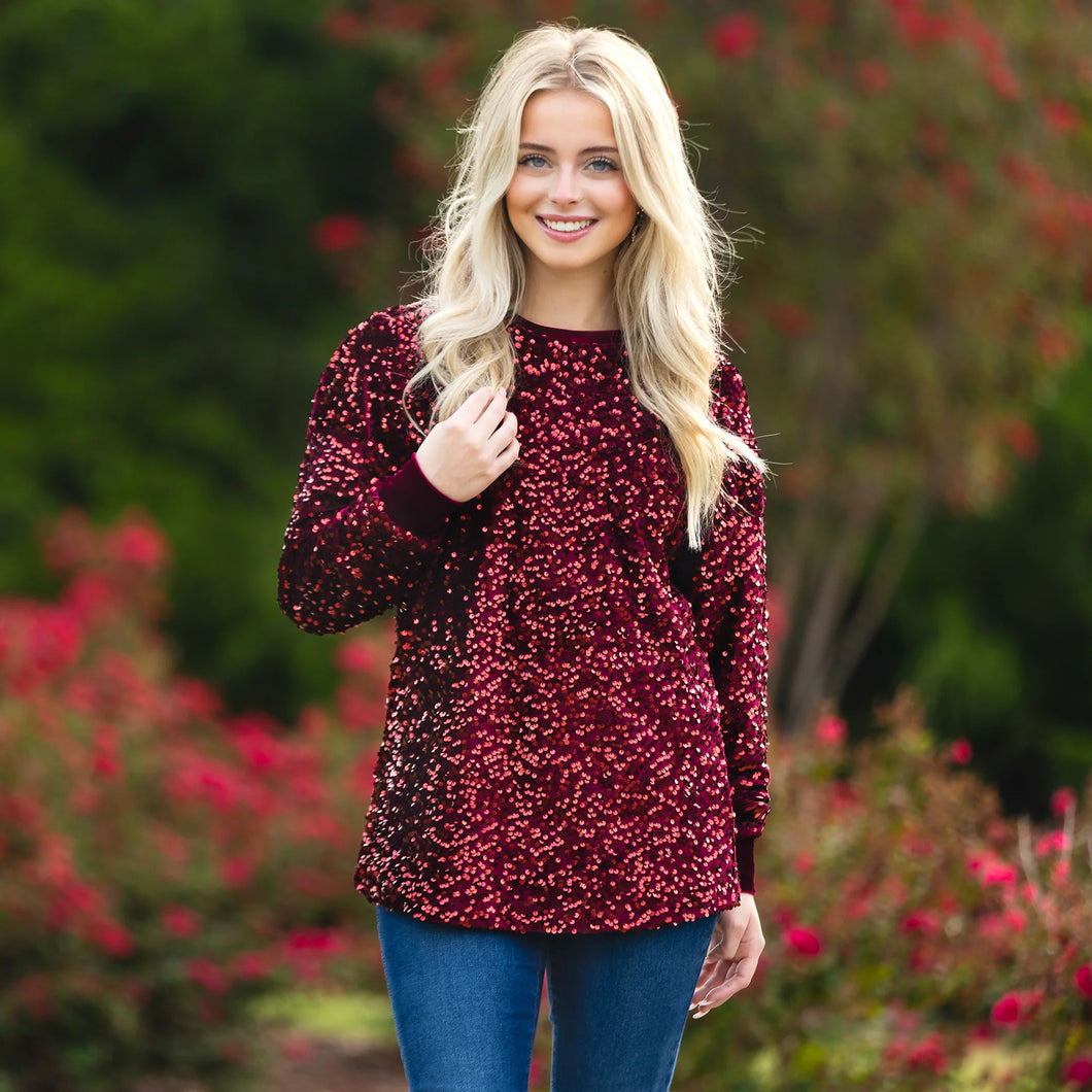 Sequin Long Sleeve Top - Maroon