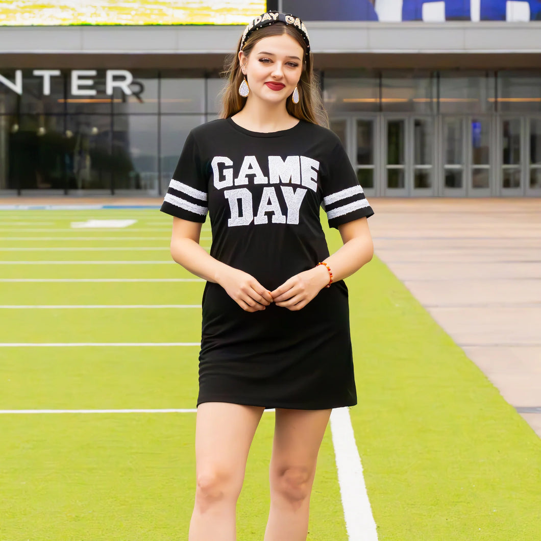 Game Day Sequin T Shirt Dress with Pockets - Black