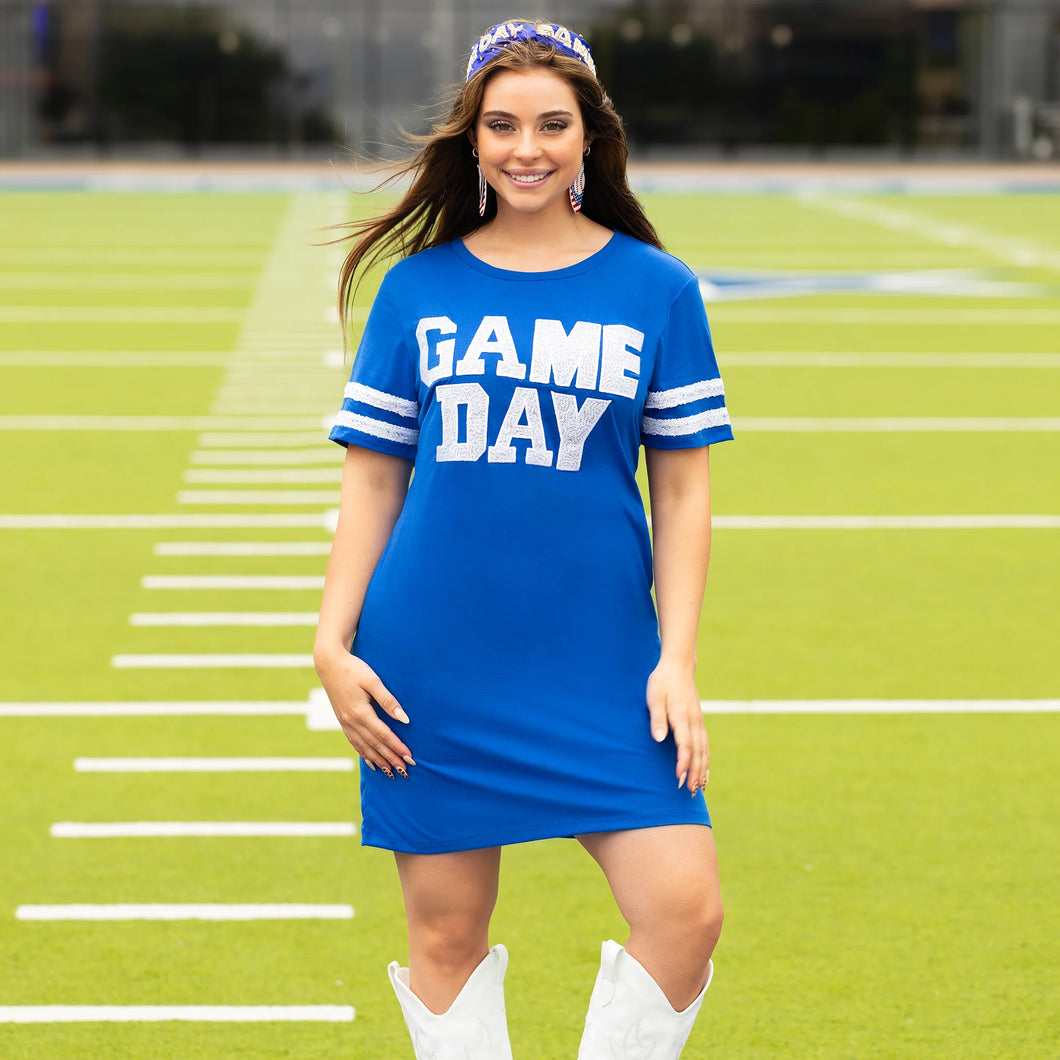 Game Day Sequin T Shirt Dress with Pockets - Royal Blue