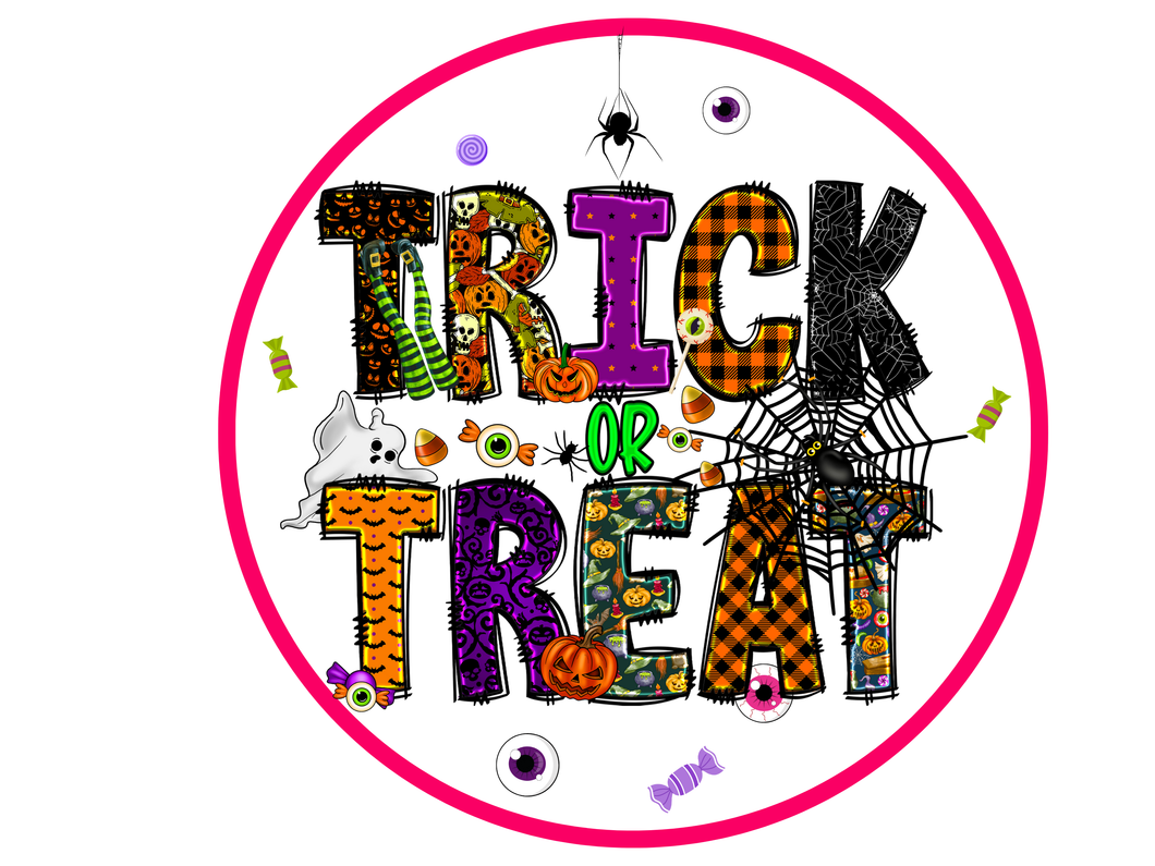 Trick or Treat Halloween Metal Sign, Colorful UV Aluminum Wall Decor, Spider Web Candy Ghost Print, Fun Fall Porch or Party Sign