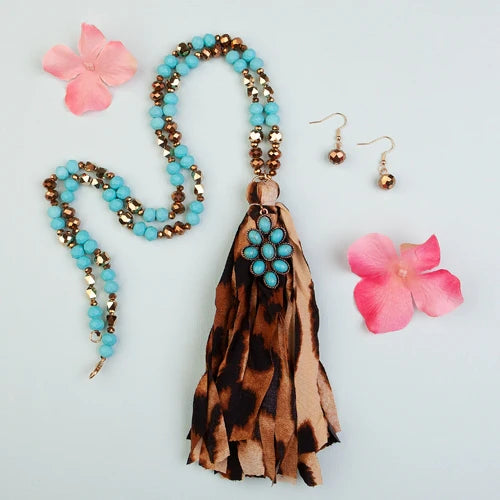 Tassel Necklace - Turquoise & Leopard