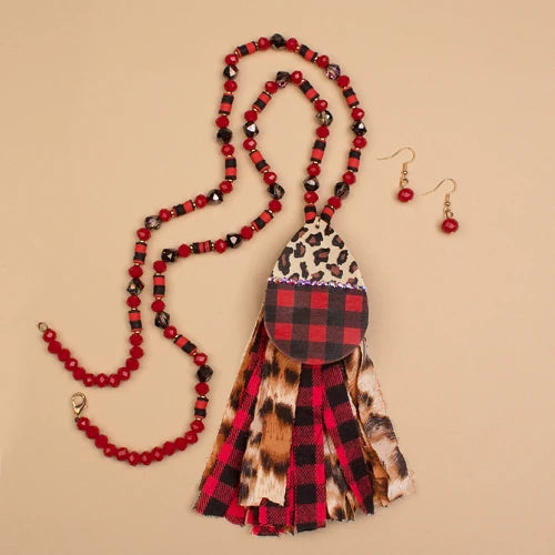 Leopard and Buffalo Plaid Necklace - Red