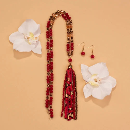 Animal Print Tassel Necklace - Red