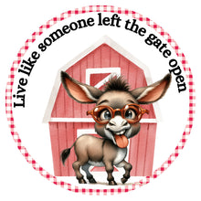 Load image into Gallery viewer, Farmhouse sign with donkey, Donkey sign with sunflower for wreath, Wreath sign for front door
