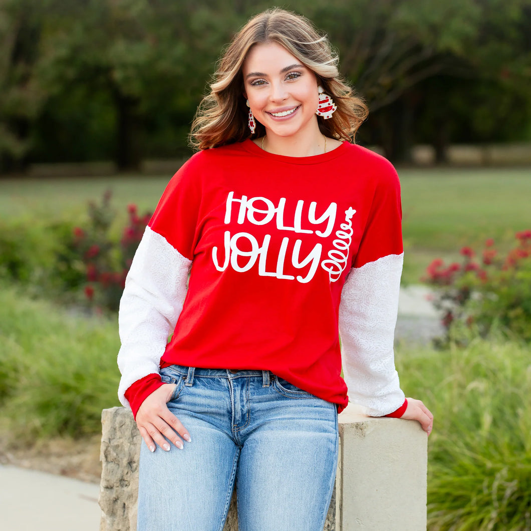 Holly Jolly Christmas Top with Sequin Sleeves