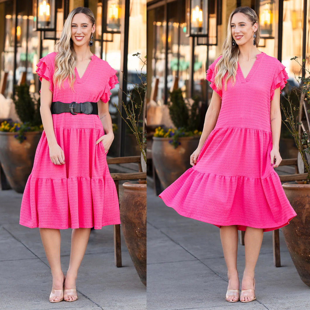Solid Color Textured Dress with Ruffled Sleeves and Pockets