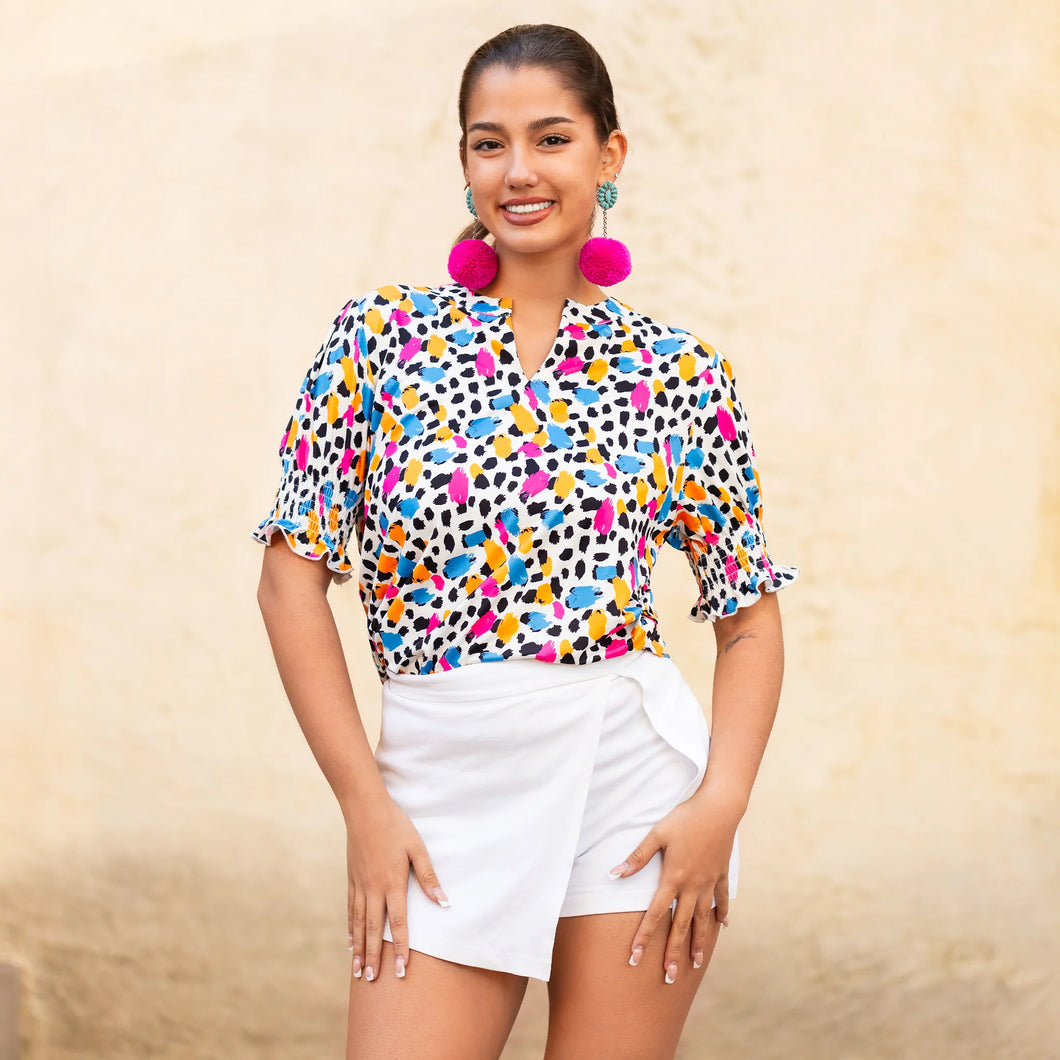 V-Neck Abstract Print Bubble Sleeve Top
