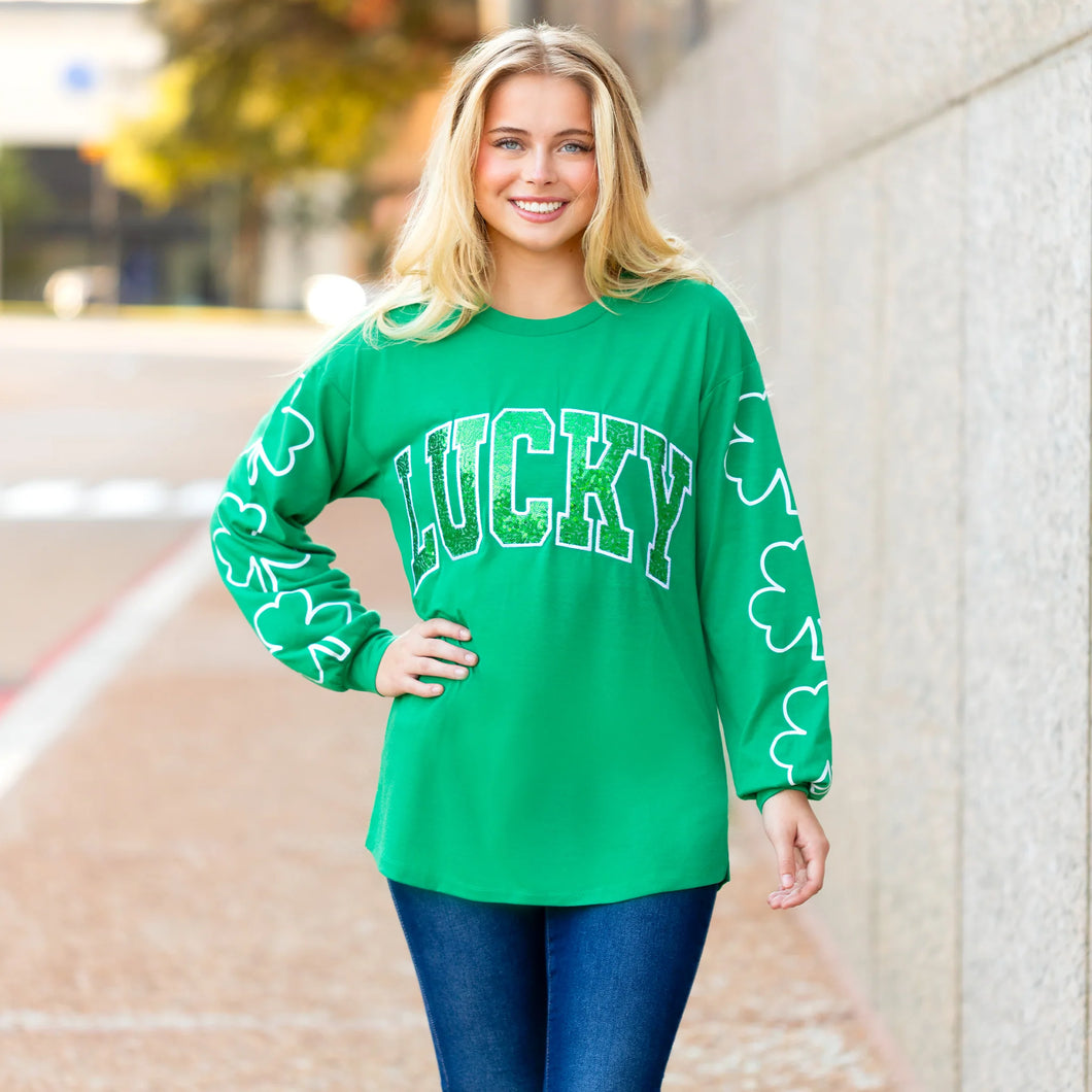 Lucky Sequin St. Patrick's Day Top with Clover Print Sleeves
