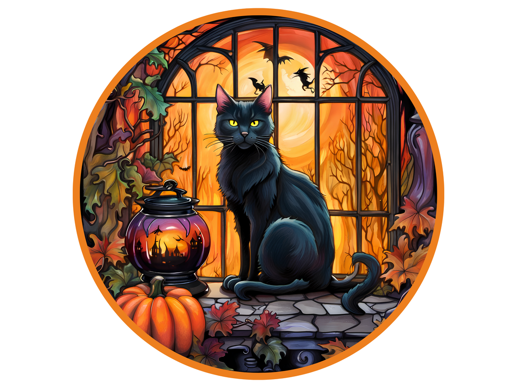 Black Cat Halloween Metal Sign, UV Aluminum Fall Window Scene, Pumpkin & Witch Decor, Spooky Autumn Gothic Home Wall Art