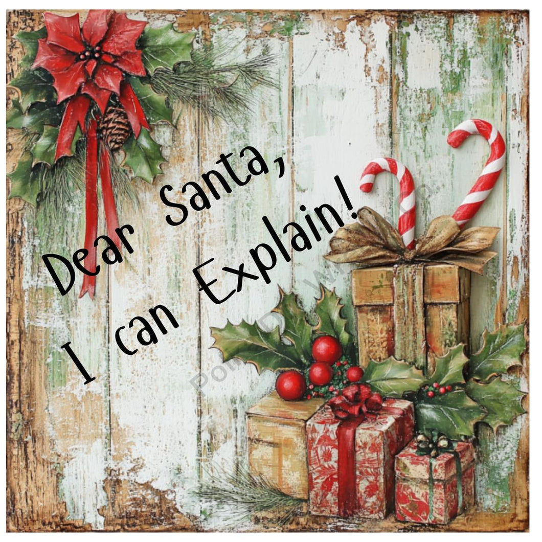 Dear Santa I Can Explain Sign, Santa sign for wreath, Christmas home decor with holly and candy cane, Holiday decoration, metal wreath sign