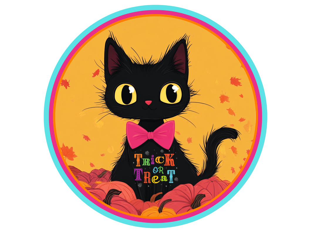 Cute Black Cat Halloween Metal Sign, Trick or Treat Fall Décor, UV Aluminum Pumpkin Wall Art, Kawaii Autumn Porch or Nursery Sign
