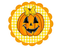 Load image into Gallery viewer, Jack O Lantern yellow and orange Halloween Sign, Fall Wreath Attachment, Pumpkin wreath sign
