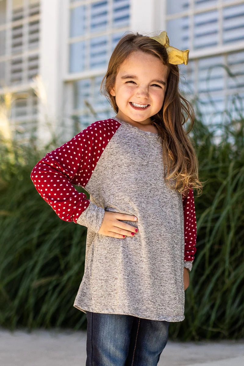 Girls' Grey Longsleeve Tee with Polka Dot Print Sleeves - Grey / 4-5yrs