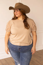 Load image into Gallery viewer, Tan Elegance Ribbed Tee with Lace Puff Sleeves
