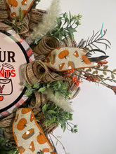 Load image into Gallery viewer, Thanksgiving wreath for front door, Hostess gift for Thanksgiving, Holiday door wreath with turkey, Get your fat pants ready wreath for home
