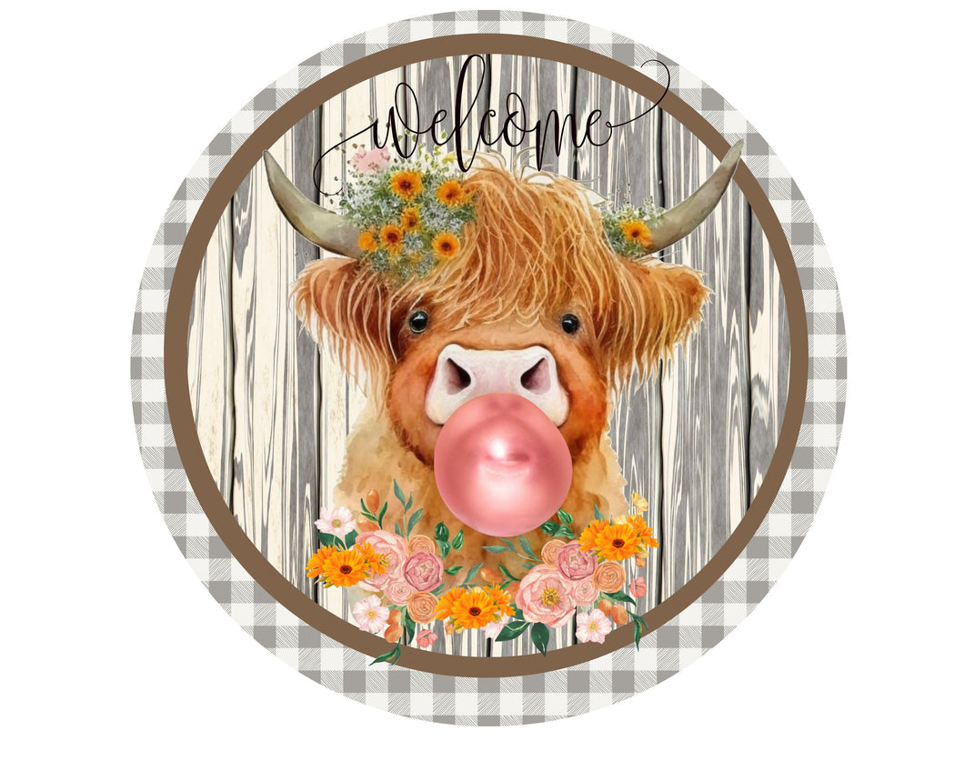 Farmhouse Highland Cow Welcome Sign, Cow with bubblegum sign, Wreath Attachment, Farmhouse Cow Decoration, Highland cow decor