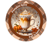 Load image into Gallery viewer, Pumpkin spice home decor sign, pumpkin fall wreath attachment, metal wreath sign
