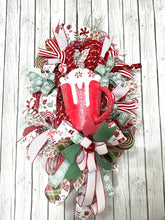 Load image into Gallery viewer, Hot Cocoa Christmas Door Swag, Festive Holiday Décor with Candy Cane Accents, Plaid Ribbons, and Peppermint Details for Front Door
