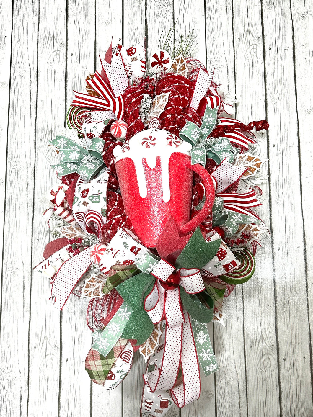 Hot Cocoa Christmas Door Swag, Festive Holiday Décor with Candy Cane Accents, Plaid Ribbons, and Peppermint Details for Front Door