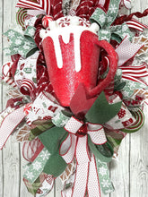 Load image into Gallery viewer, Hot Cocoa Christmas Door Swag, Festive Holiday Décor with Candy Cane Accents, Plaid Ribbons, and Peppermint Details for Front Door
