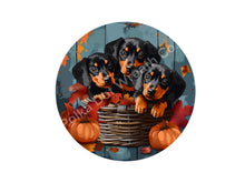 Load image into Gallery viewer, Fall dog sign for wreath, dashchund dog gift, weiner dog signs, fall home decor sign with pumpkins
