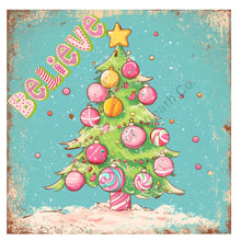 Load image into Gallery viewer, Whimsical Christmas sign, pink Christmas decor, Believe in Santa Claus, Holiday spirit, primitive holiday sign, metal wreath sign
