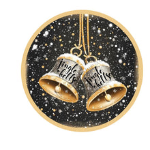 Load image into Gallery viewer, Jingle bells sign, Christmas Bell metal sign for wreath, Black and gold Christmas tree decor,  Metal wreath sign, Wreath attachment
