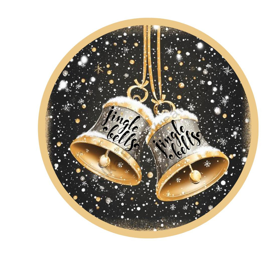 Jingle bells sign, Christmas Bell metal sign for wreath, Black and gold Christmas tree decor,  Metal wreath sign, Wreath attachment