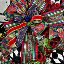 Load image into Gallery viewer, Nutcracker themed Christmas outdoor wreath, Poinsettia Christmas , Traditional Christmas front door wreath, Nutcracker theme Christmas decor
