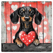 Load image into Gallery viewer, Dachshund Valentine, Weiner dog Valentine gift, Sausage dog  art, Gift for Dog lover, Metal Wreath Valentine Sign, Rustic Metal 10x10 art
