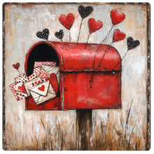 Load image into Gallery viewer, Love letters for Valentines Day wall art, Primitive hearts in a mailbox wall art, Valentine Mail, Wreath sign for Valentines Day
