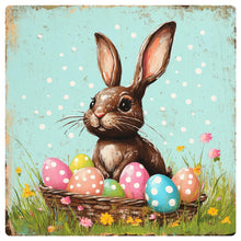 Load image into Gallery viewer, Cute Easter Bunny with egg sign, Welcome sign for Spring home, Spring home decoration, chocolate bunny for Easter, Cute rustic Easter decor
