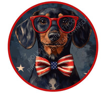 Load image into Gallery viewer, Patriotic Dachshund Wall Art – 4th of July Dog Decor, American Flag Bow Tie Print, Rustic Farmhouse Pet Sign, Memorial Day Decor, Dog Gift
