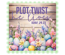 Load image into Gallery viewer, Christian Easter Wall Art – “Plot Twist He Lives” Printable, Luke 24:23 Bible Verse Decor, Spring Floral Easter Sign, Pastel Religious Decor
