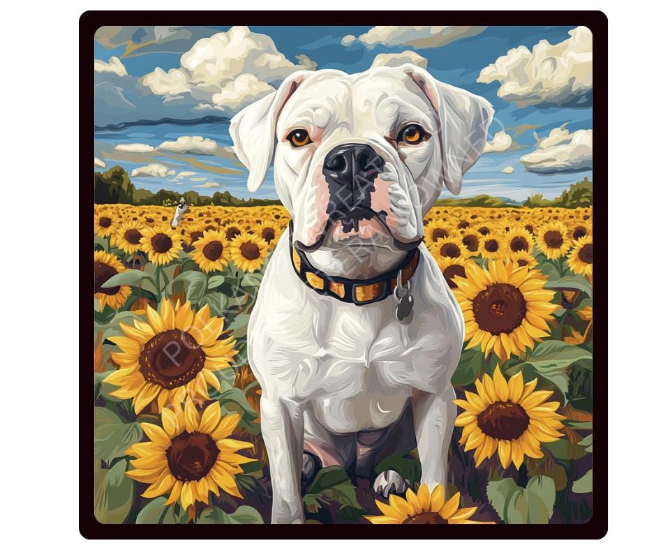 White boxer dog with sunflowers, sunflower home decor, boxer gift idea, gift for dog lover, summer dog sign for wreath
