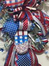 Load image into Gallery viewer, Patriotic Door Swag Wreath, 4th of July Wreath, Red White Blue Ribbon Wreath, Americana Summer Decor, Firecracker Front Door Swag
