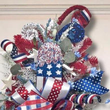 Load image into Gallery viewer, Patriotic Door Swag Wreath, 4th of July Wreath, Red White Blue Ribbon Wreath, Americana Summer Decor, Firecracker Front Door Swag
